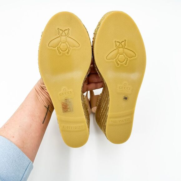 Gucci GG Pink Espadrille Gold Wedge Sandals New Size 38, 8 - Picture 11 of 14